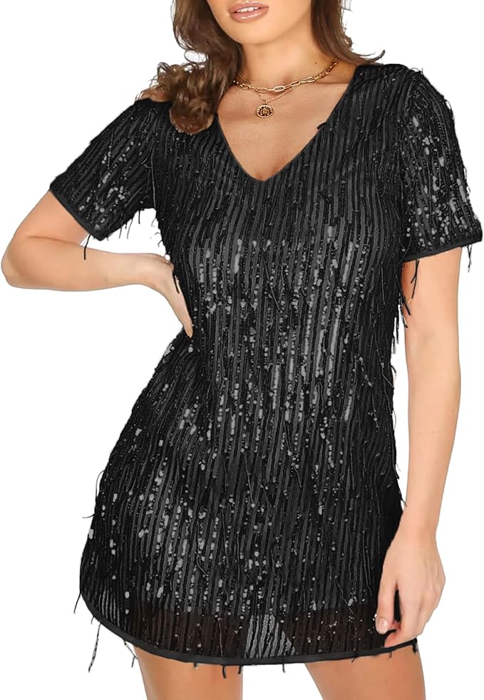 ZAFUL Women's Sequin Dress Sparkly Glitter Tassel Sexy V Neck Short Sleeve Bodycon Dress Sparkle Cocktail Party Club Dress