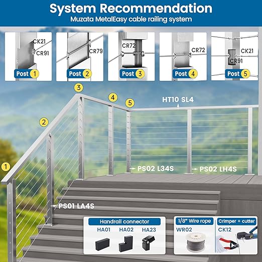 Muzata 600 ft 18" Stainless Steel Cable Railing System Hardware T316 Stainless Steel Wire Rope 7x7 Strands 1800 lb Breaking Strength Deck Cable Railing Kit for Indoor Outdoor Coastal WR02