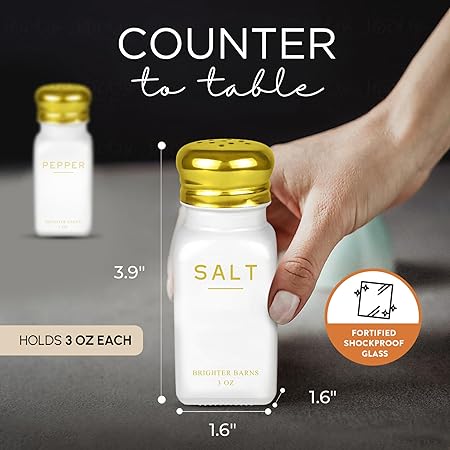 Gold Salt and Pepper Shakers Set by Brighter Barns - Modern Kitchen Decor, White and Gold Kitchen Decor  Accessories - Vintage Glass Shakers with Stainless Steel Lids for Home, Restaurant