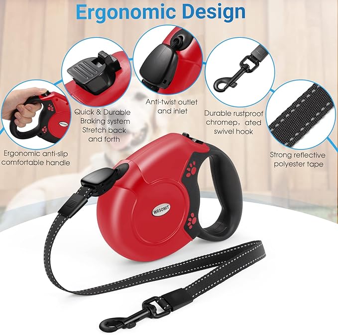 Retractable Dog Leash, 26 Ft Heavy Duty Pet Walking Leash for Small Medium Large Dogs up to 110lbs, Anti-Slip Handle, 360 ° No Tangle, Nylon Tape, One-Handed Brake (Red)