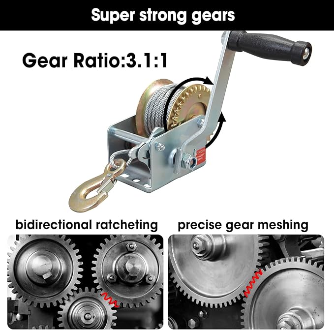 ROAD DAWG ATRT1061CD-1 Torin Hand Crank Boat Winch with 26.3ft Cable, 600lbs Capacity