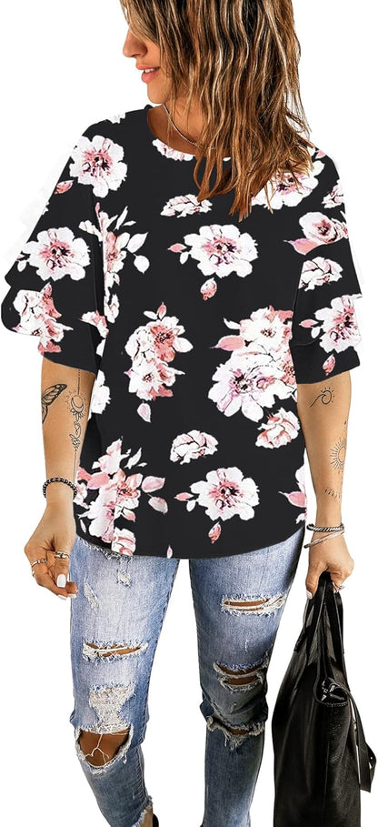 Luvamia Women's Casual 3/4 Tiered Bell Sleeve Crewneck Loose Tops Blouses Shirt