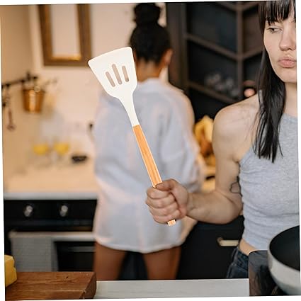 DOITOOL 2pcs Wood Spatulas Kitchen Silicone Non-Stick Shovel Cookware Shovels Cooking Supplies Utensils