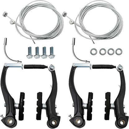 2 Pairs Bike Brake Set, Universal Complete V Bike Brakes Set for Most Mountain Bicycle, Including Road Bike Brakes Cables, Front Back Wheels End Caps,End Ferrules-Black