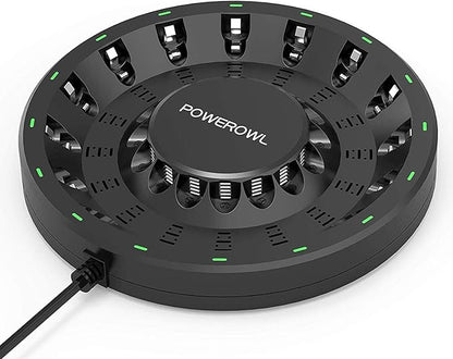 POWEROWL 16 Bay AA AAA Battery Charger (Updated, High Speed Charging) with Smart LED Light and Plug, for NIMH NICD Rechargeable Batteries and More