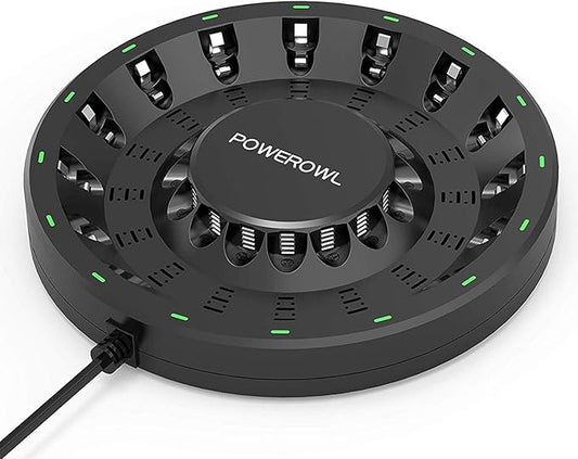 POWEROWL 16 Bay AA AAA Battery Charger (Updated, High Speed Charging) with Smart LED Light and Plug, for NIMH NICD Rechargeable Batteries and More