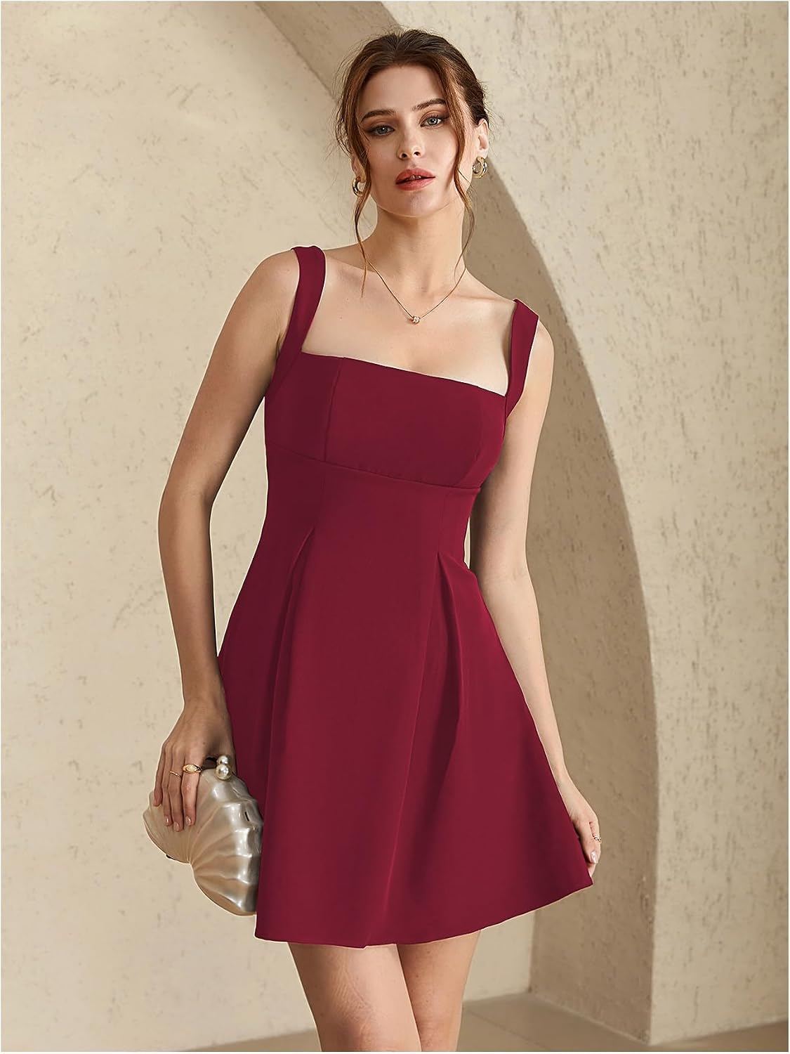 winkbay Women's Square Neck Mini Dress Sleeveless Flared A Line High Waist Elegant Flowy Dresses