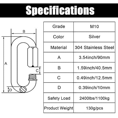 Anvin 2 Pack Large Quick Links M10 38 Inch Heavy Duty Carabiner Stainless Steel Chain Links Connector D Shape Locking Chain Hooks Repair Utility Screw Links for Camping Outdoor Equipment Hammocks