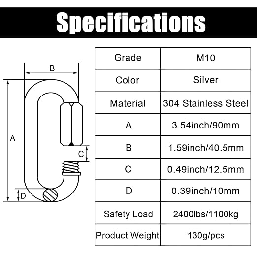 Anvin 2 Pack Large Quick Links M10 38 Inch Heavy Duty Carabiner Stainless Steel Chain Links Connector D Shape Locking Chain Hooks Repair Utility Screw Links for Camping Outdoor Equipment Hammocks
