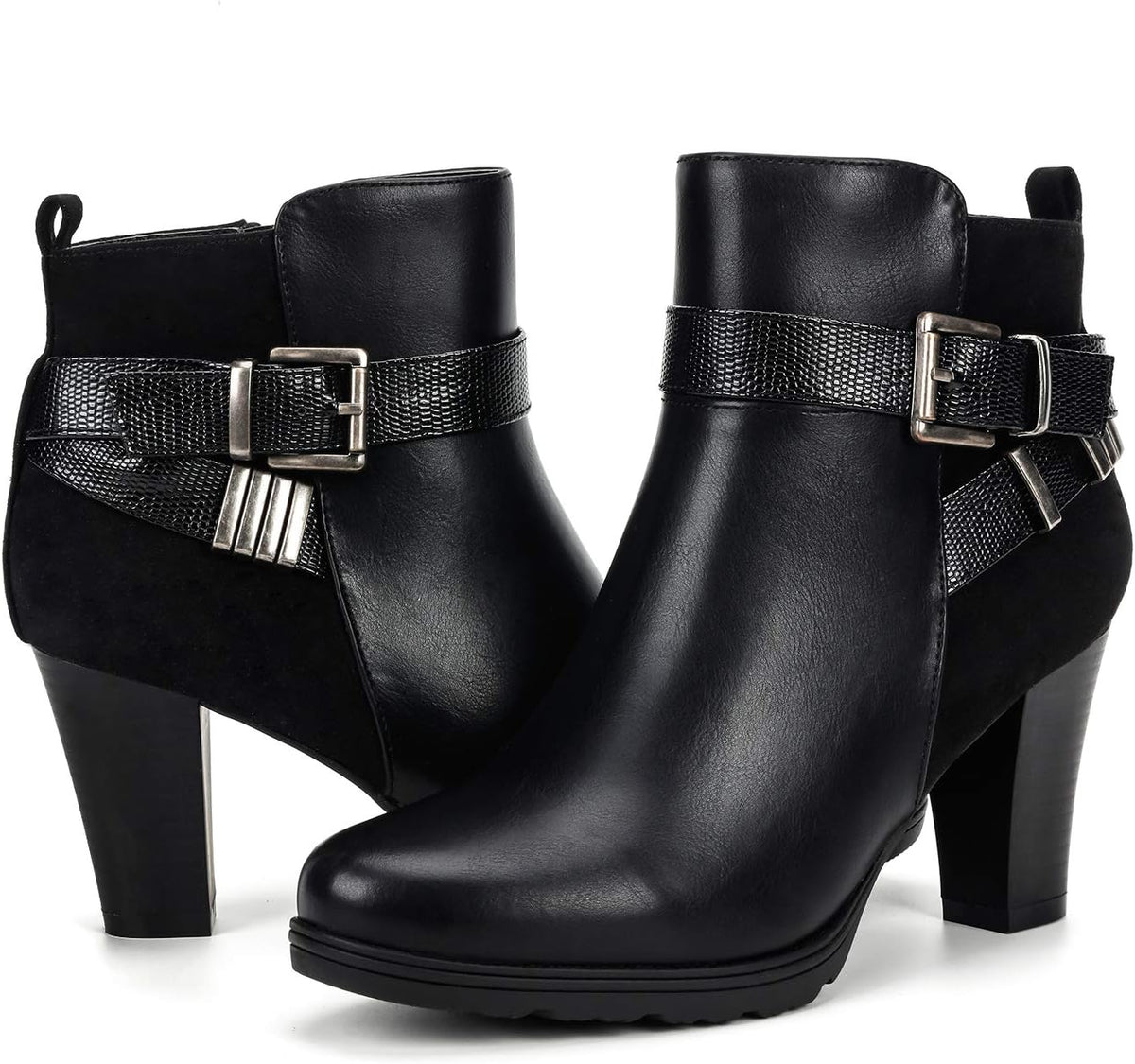 mysoft Women's Zipper Booties Chunky Stacked Heel Ankle Boots Buckle Strap Ankle .