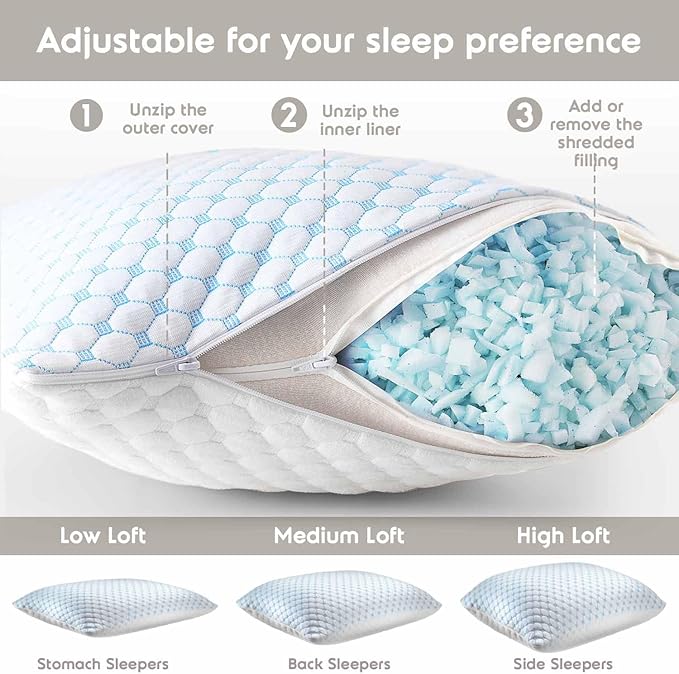 Nestl - Most refreshing pillow, memory foam pillow with silk and gel that reduces heat and humidity, adjustable, washable, Queen, 18 x 26 inches, 2 units