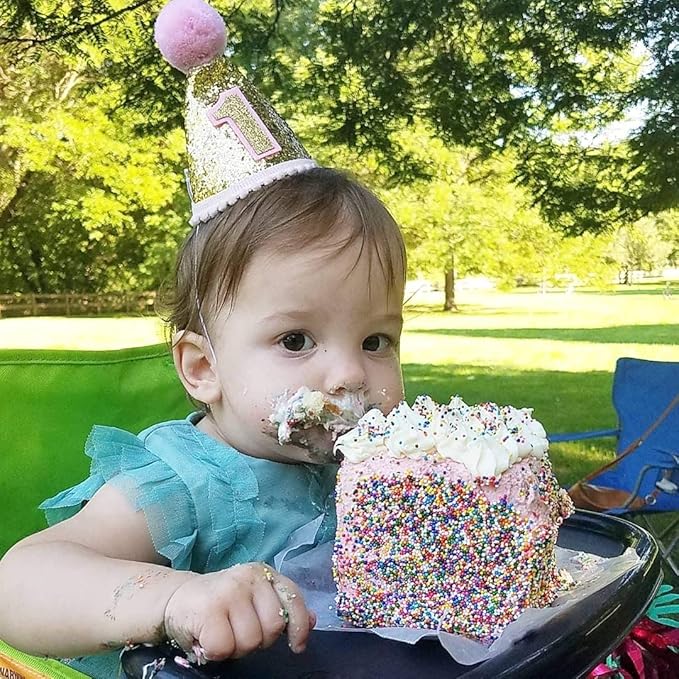 Finduat Baby Girl 1 Birthday Cone Hat, Baby Girl Birthday Tiara Adjustable Headbands for Baby Girl 1st Birthday Party Supplies