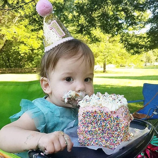 Finduat Baby Girl 1 Birthday Cone Hat, Baby Girl Birthday Tiara Adjustable Headbands for Baby Girl 1st Birthday Party Supplies