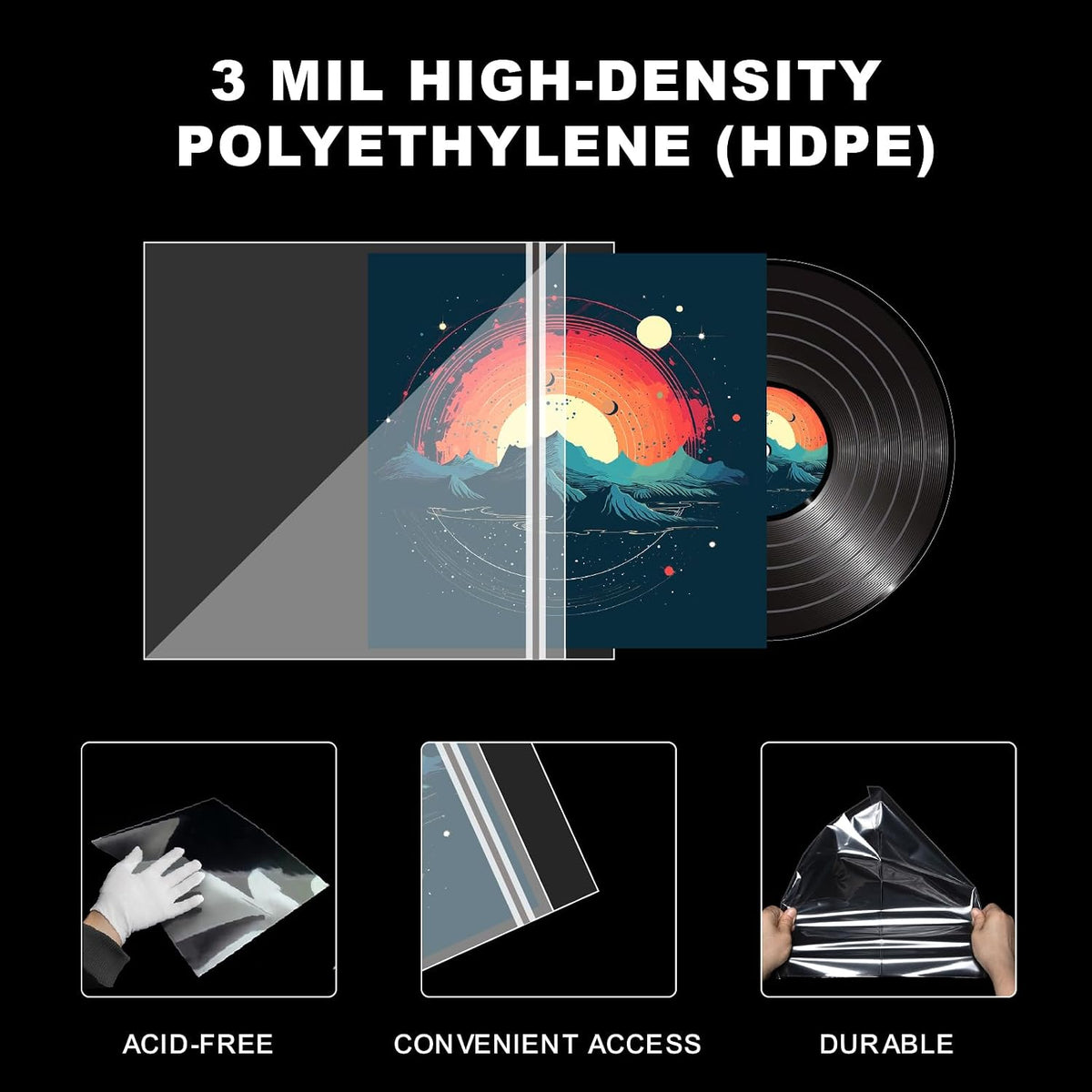 100 Pack 12 inch Vinyl Record Outer Sleeves - 3 Mil Crystal Clear Polyethylene with Adhesive Flap | Archival-Safe Protection for LP Album Storage & Display, Gatefold Compatible, Acid-Free