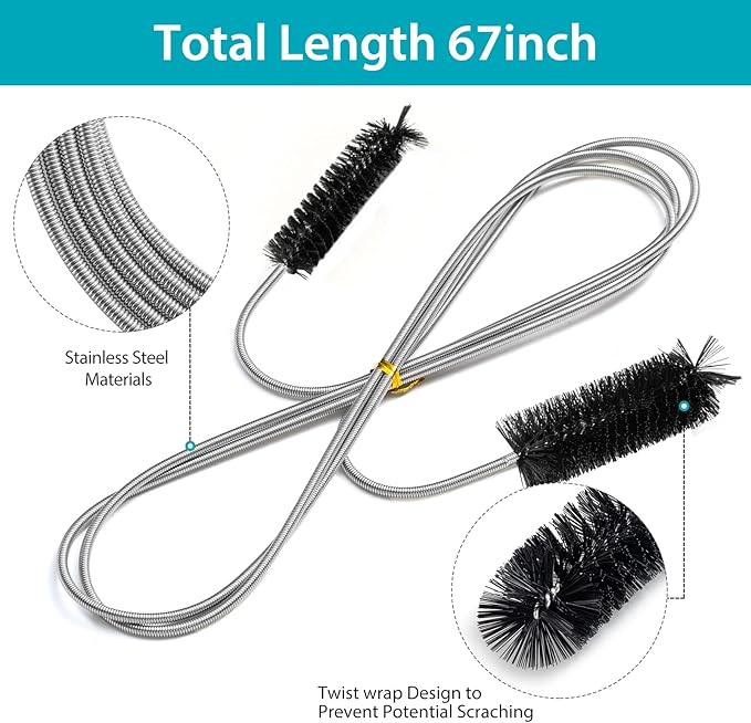 Extra-Thick Drain Brush with Stronger Spring - 67-Inch Flexible Pipe Cleaning Tool - Dual Bristle Heads - Ideal for Curved Pipes and Slim Holes a Black