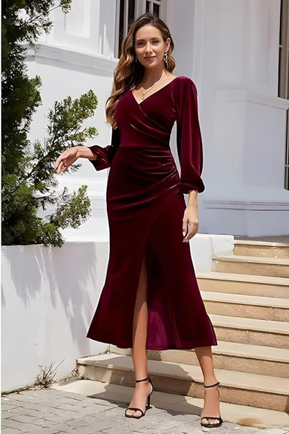 Womens Wrap Neck Velvet Dresses Long Sleeves Mermaid Prom Party Gowns Zipper Split Formal Work Dresses