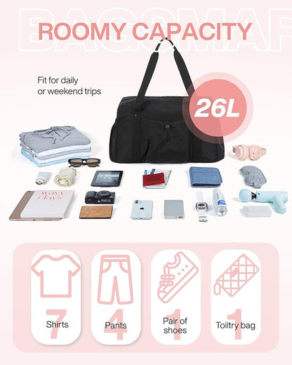 BAGSMART Foldable Travel Duffle Bag For Women, Gym Tote Bag for Sports, 26L Airport Carry On Weekender Overnight Bag for Travel, Travel Accessories(Black)