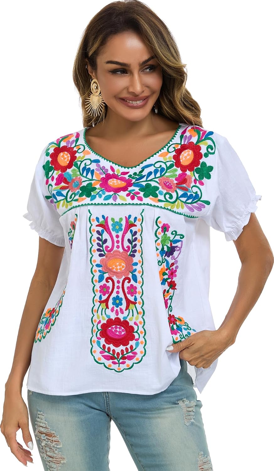 YZXDORWJ Embroidered Mexican Top for Women Peasant Blouse Mexico Summer Shirt Short Sleeve