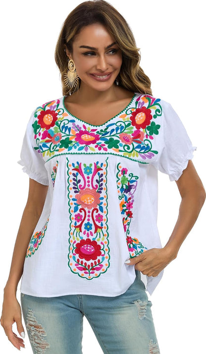 YZXDORWJ Embroidered Mexican Top for Women Peasant Blouse Mexico Summer Shirt Short Sleeve