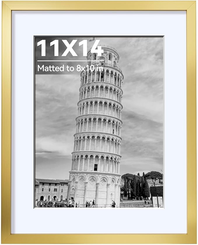 HappyHapi 11 x 14 inch gold picture frame, 8 x 10 inch gold photo frames with passepartout or 11 x 14 inches without passepartout, 1 pack of plastic wall frame for