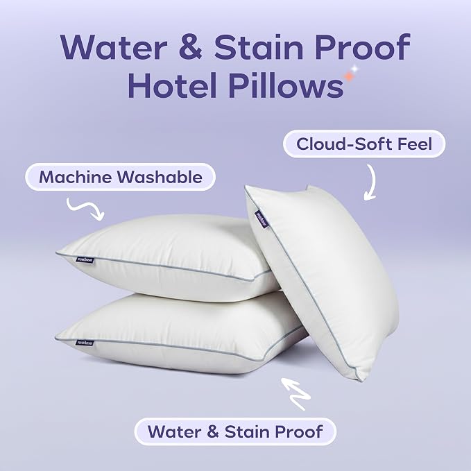 Mellow Hotel Pillow — Waterproof & Stain-Resistant Down-Alternative Bed Pillow, Hypoallergenic Oeko-TEX® Cover, Machine Washable, Stays Fluffy, Support for Side/Back/Stomach Sleepers (Standard)