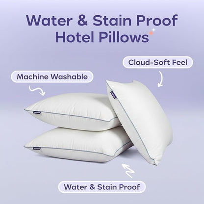 Mellow Hotel Pillow — Waterproof & Stain-Resistant Down-Alternative Bed Pillow, Hypoallergenic Oeko-TEX® Cover, Machine Washable, Stays Fluffy, Support for Side/Back/Stomach Sleepers (Standard)