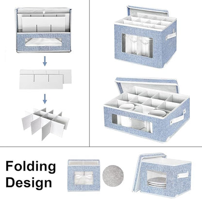 China Storage Containers,Wine Glass Mug Plate Dish Stemware Storage Box with Dividers,Hard Shell Dinnerware Case with 24 Felt Protectors for Crystal Glassware,Coffee Cup,Bowl Packing  Moving (Blue)