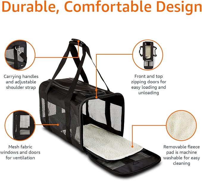 Basics Airline Approved Soft-Sided Mesh Pet Travel Carrier with Shoulder Strap, Portable, Washable Removable Fleece Pad for Dog, Cat, up to 16 pounds, 16.5" L x 10.6" W x 11" H, Black