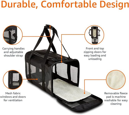 Basics Airline Approved Soft-Sided Mesh Pet Travel Carrier with Shoulder Strap, Portable, Washable Removable Fleece Pad for Dog, Cat, up to 16 pounds, 16.5" L x 10.6" W x 11" H, Black