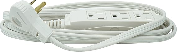 Woods SlimLine Indoor Flat Extension Cord, 8 Ft, 16 Gauge Right Angle Plug, 3 Polarized Outlets, 125 Volts, White, 2241