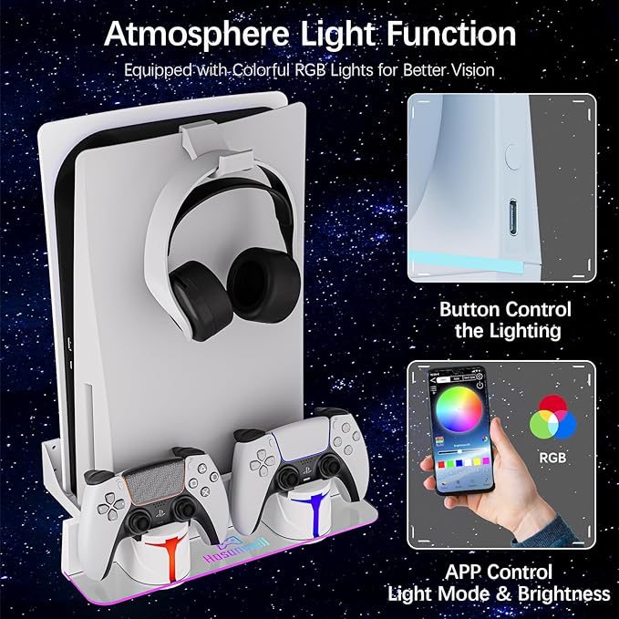 Hosanwell PS5 Wall Mount Kit with Charging Station, Compatible with PS5 Slim Disc & Digital Version, Dual Use Charging Station with Multi-Mode RGB Light, White