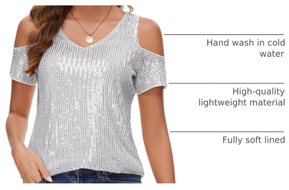 BILIKE JOMEX Womens Sparkly Sequin Top V Neck Cold Shoulder Glitter Short Sleeve Dressy Party Blouse Shirts.