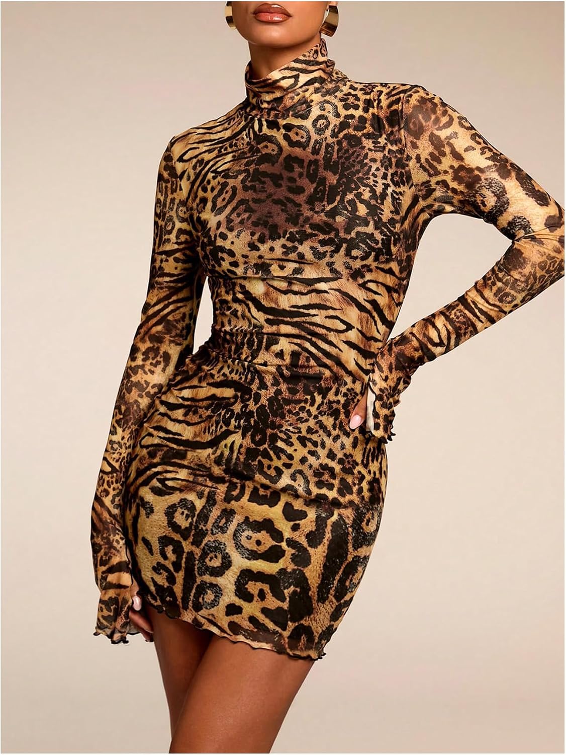SOLY HUX Women's Graphic Print Bodycon Mini Dress Turtleneck Long Sleeve Pencil Dresses .