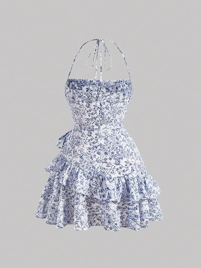 SOLY HUX Women's Summer Halter Dresses Boho Floral Sundress Ruffle Flowy Mini Dress Coquette Birthday Dresses