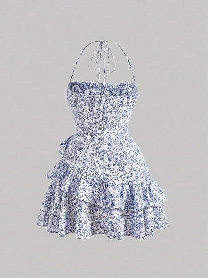 SOLY HUX Women's Summer Halter Dresses Boho Floral Sundress Ruffle Flowy Mini Dress Coquette Birthday Dresses