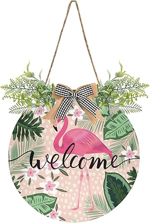 xigua Tropical Pink Flamingo Welcome Sign Front Door Decor, Outdoor Hanging Porch Wreath Interchangeable Seasonal Icons for Farmhouse Wall Home Holida