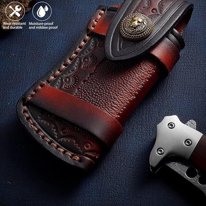 Jamal New Hand Made Carved Cow Leather Sheath for Folding Knife Cover Pouch Belt Clip