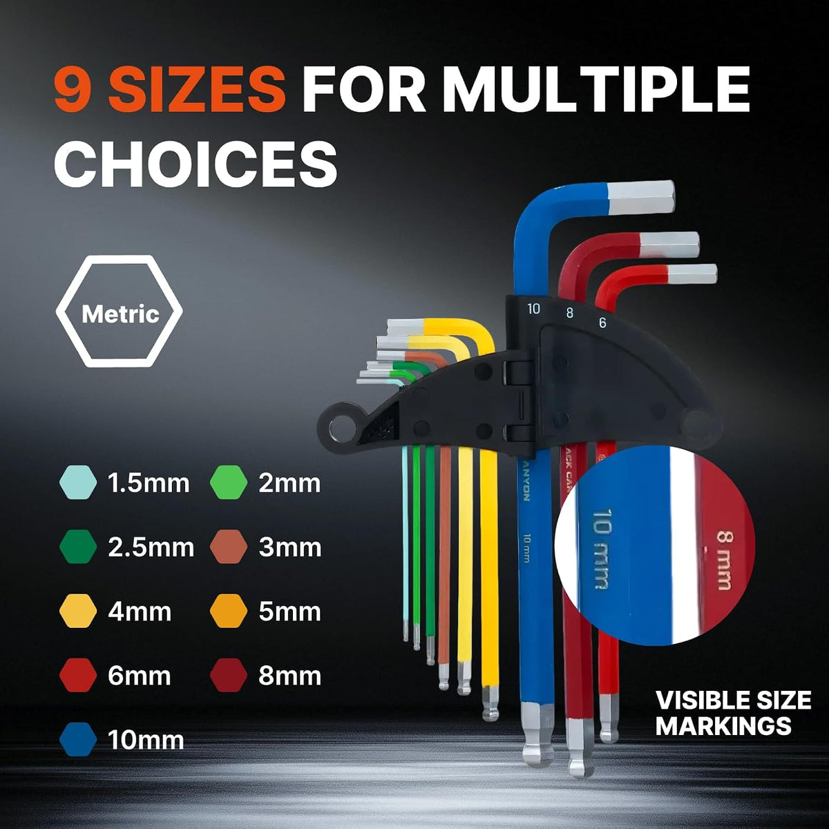 BLACK CANYON Hex Key Set, 18 pcs SAE and Metric Allen Key, 1/16 in-3/8 in and 1.5 mm-10 mm, Ball End, Color-Coded, Chrome, High Torque Steel, L-Shape Design, for Mechanics, Electrical Equipment