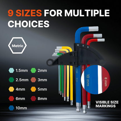 BLACK CANYON Hex Key Set, 9 pcs Metric allen key set, Ball End, 1.5 mm-10 mm, Color-Coded Handle, Chrome, High Torque Steel, L-Shape Design, for Construction, Chemical Industry, Transportation