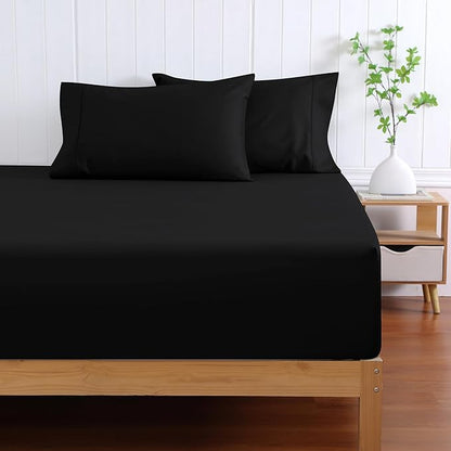 Zaizaihome 600 Thread Count Fitted Sheet Queen Size, 100 Egyptian Cotton, 3-Piece Set (1 Fitted Sheet, 2 Pillowcases), Sateen Weave, Ultra Soft Breathable,16" Deep Pocket Bed Sheet, Black