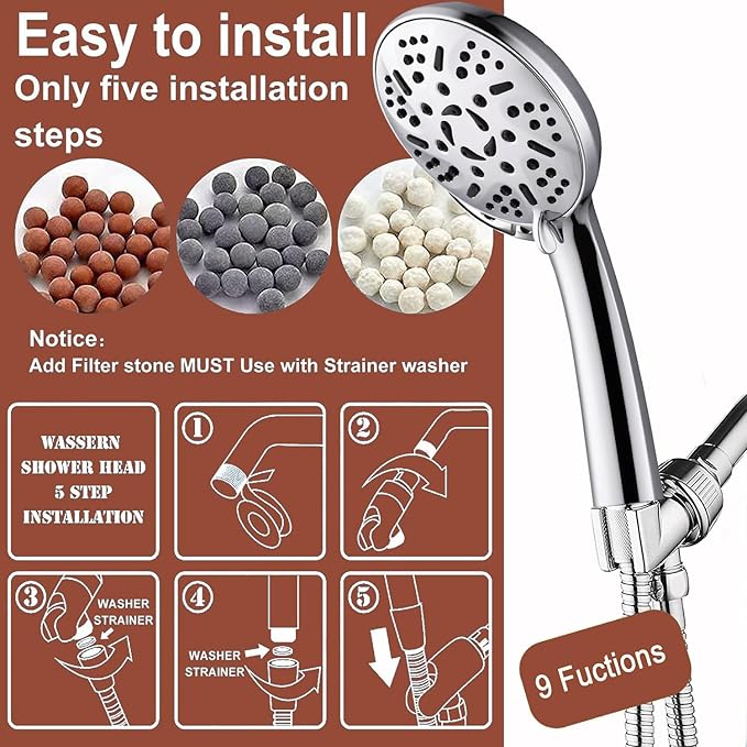 9 Modes High Pressure Handheld Shower Head with Hard Water Softening Filter to Remove Chlorine and Other Compounds, Reduces Dry Itchy Skin, Includes Hoses