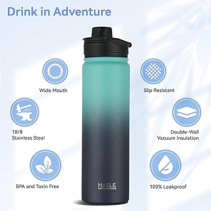 HASLE OUTFITTERS Insulated Water Bottle 22 oz Double Wall Stainless Steel Water Bottle Wide Mouth with Straw Lid  Spout Lid Keeps Cold or Hot(Green Blue Gradient,1)