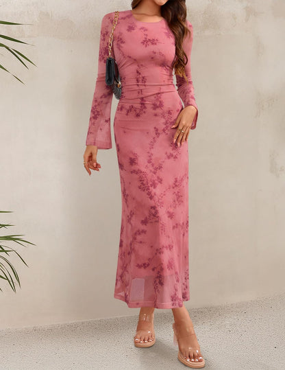 ZESICA Women's Long Sleeve Floral Bodycon Dress 2026 Spring Fall Ruched Mesh W