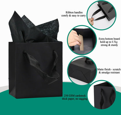 Aosric 3 Pack 8x5x10 In Black Gift Bags with Tissue Paper – Medium Sturdy & Reusable Boutique Gift Bags with Ribbon Handles for Party Favors, Wedding, Birthdays, Christmas and Holidays