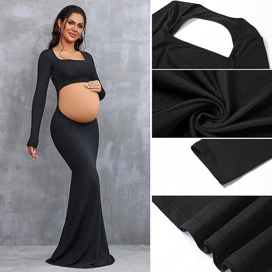 Bhome Maternity Photoshoot Dress Long Sleeve Sexy Cut-Out Backless Maternity Maxi Gown Photography Outfits