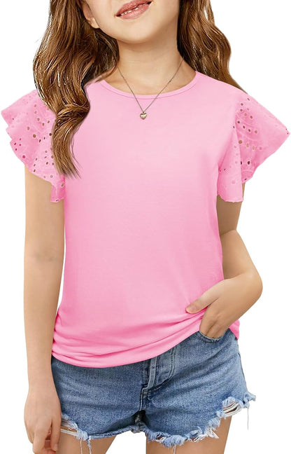 Imily Bela Girls Ruffle Sleeve Shirts Crewneck Eyelet Tops 4-15 Years | Cute summer casual blouse, soft breathable eyelet fabric with ruffle sleeves, comfortable daily shirts for kids