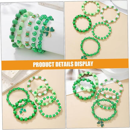 Garneck 5Pcs St Patrick's Day Jewelry Set - Green Beaded Stretch Bracelets with Shamrock Charms - Accessories for Celebrations Parties and Holiday Festivities