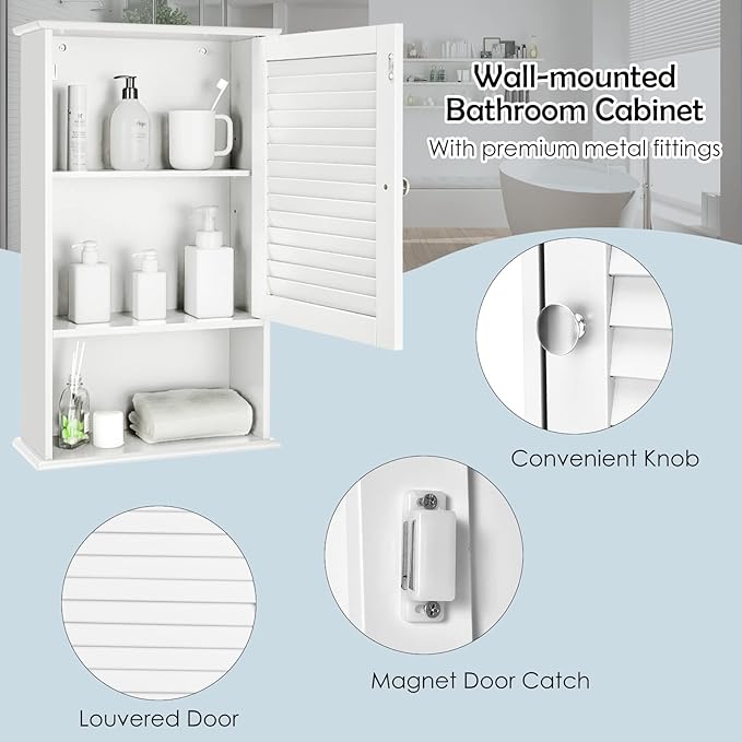 Tangkula Medicine Cabinet, Wall Mounted Bathroom Cabinet Single Door Wooden Bathroom Wall Cabinet with Adjustable Shelf
