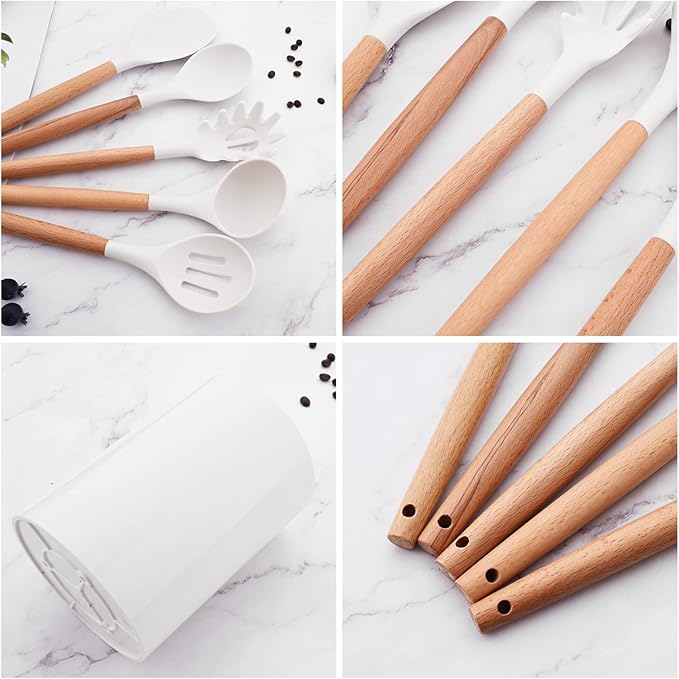 1pc White Silicone Pasta Server with Wooden Handle, Heat Resistant Cooking Utensils for Pasta Noodle Spaghetti Strainer