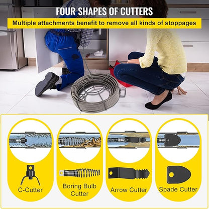 VEVOR 100 ft x 12 inch Solid Core Sewer Snake Clog Pipe Drain Cleaning Cable WFour Shapes of Cutters, Black